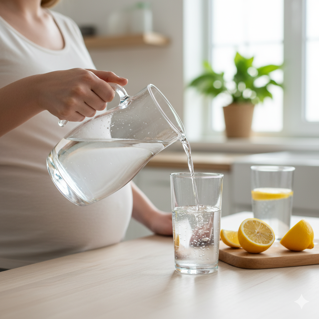 A lady pouring water into a glass